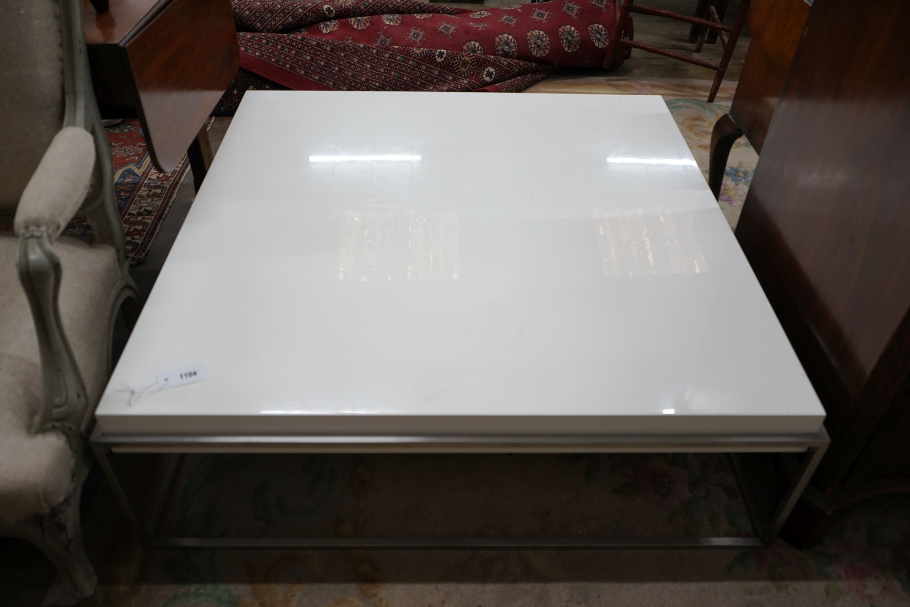 A BB Italia square white and brushed metal coffee table, width 110cm, height 35cm